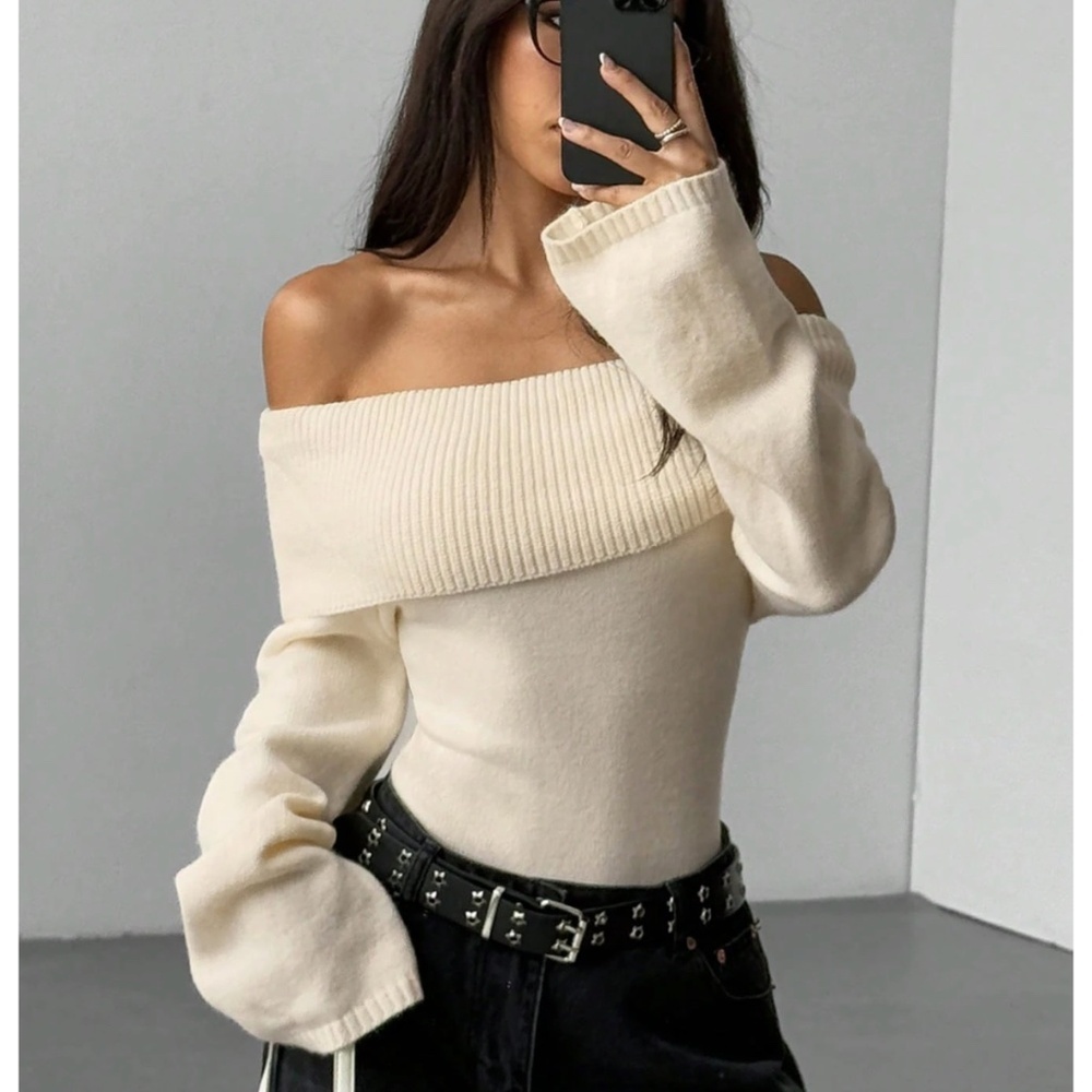 Cream Off The Shoulder Fold Over Sweater Pullover Knit Long Sleeve